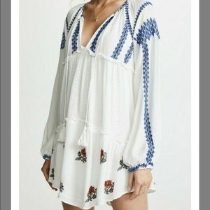 Free People Ivory Wild Horses Embroidered floral Long sleeve Mini Dress XS